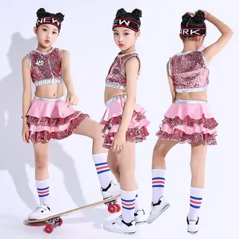

Girl sequins hip-hop hip-hop suit Korean version of Chaoluo navel Jazz Costume summer children cheerleading performance clothes