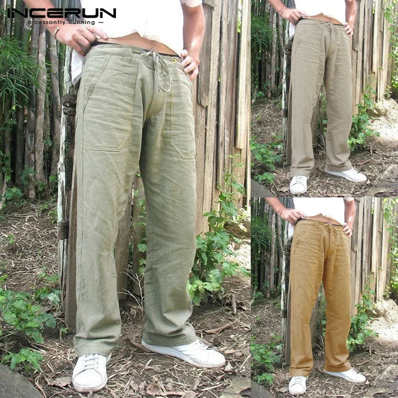 

INCERUN 2019 Men Straight Pants Cotton Casual Pockets Loose Solid Drawstring Trousers Men Ethnic Style Leisure Pants Hombre 5XL