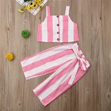 Милые комплекты одежды для маленьких девочек розовый и белый полосатый кроп топ длинные штаны летняя модная одежда для девочек