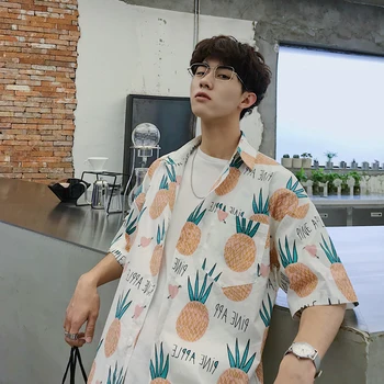 

2019 Summer Men's Hawaii Pineapple Printing Short Sleeve Fashion Trend Flower Print Male Clothes Shirt Mens White Shirts M-2XL