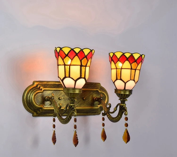

European Vintage color glass crystal wall lamp Southeast Asian style Mirror front lighting 110-240V Single double headed Upward