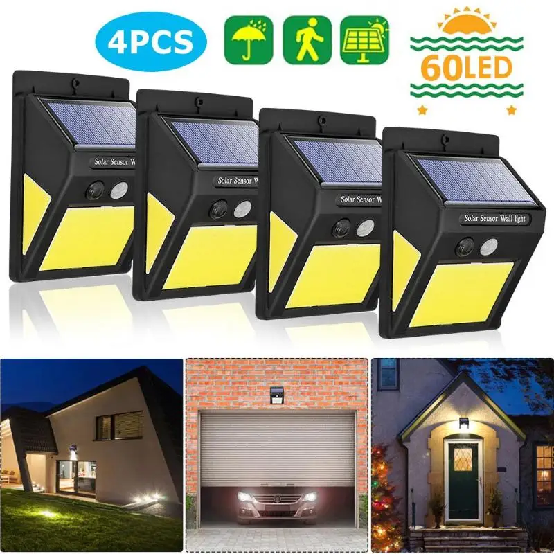 

4pcs 60 LED COB Solar panel Lamp Motion Sensor Wall Lights Outdoor Garden IP65 Waterproof Path Security solar Lights