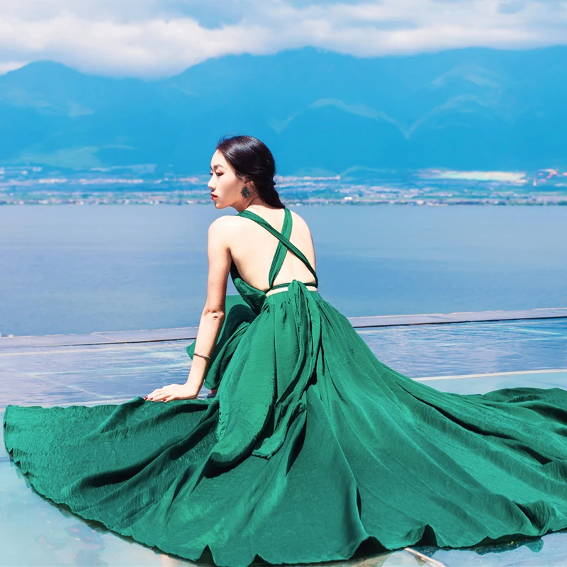 Vestido de Verano elegante para Mujer, largo, Vintage, Ropa Mujer Verano 2018, Vestidos Largos, cruzado, Sukienki, Vestido de playa verde Vestido de Verano elegante para Mujer, largo, Vintage, Ropa Mujer Verano 2018, Vestidos Largos, cruzado, Sukienki, Vestido de playa verde