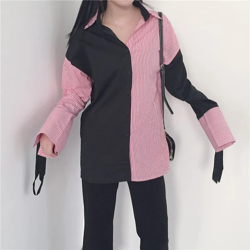 2019 Vintage Turn-Down Collar Patchwork Striped Blouse 2019 New Women Fashion Lace Up Loose Shirts Female Casual Blouses