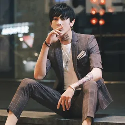 Plaid Suit Men Summer Casual Suits Costume Homme 2 Pcs Set Korean Slim Fit Tuxedo Suit Social Party Smoking Homme Wedding Terno Plaid Suit Men Summer Casual Suits Costume Homme 2 Pcs Set Korean Slim Fit Tuxedo Suit Social Party Smoking Homme Wedding Terno