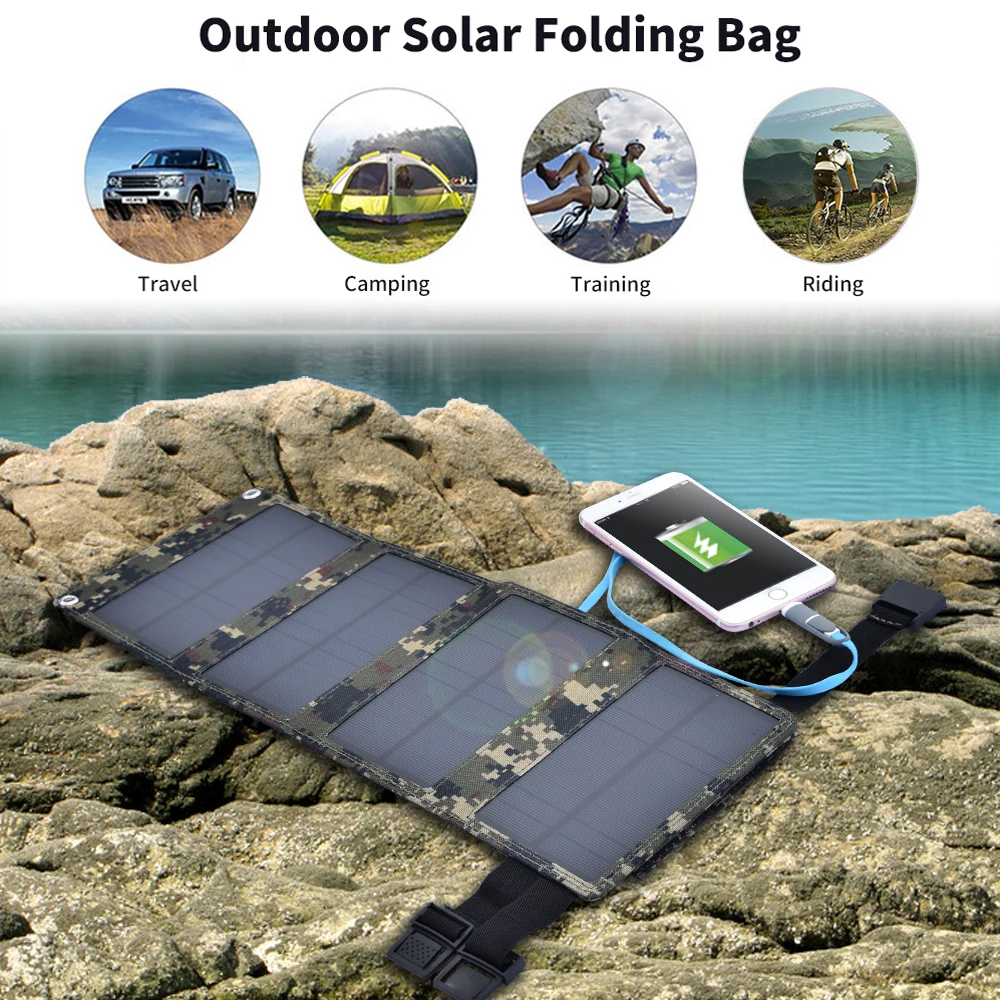 Xinpuguang Solar Charger 7W 5V 4 Folds Camouflage Foldable Solar Panel Power Bank for 3.7V USB Outdoor Charging Mobile Phone