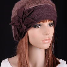 M603 милый цветок зима теплая темно-коричневый мех кролика и шерсти женские Модные платье шапка берет Кепки Палочки Цвет