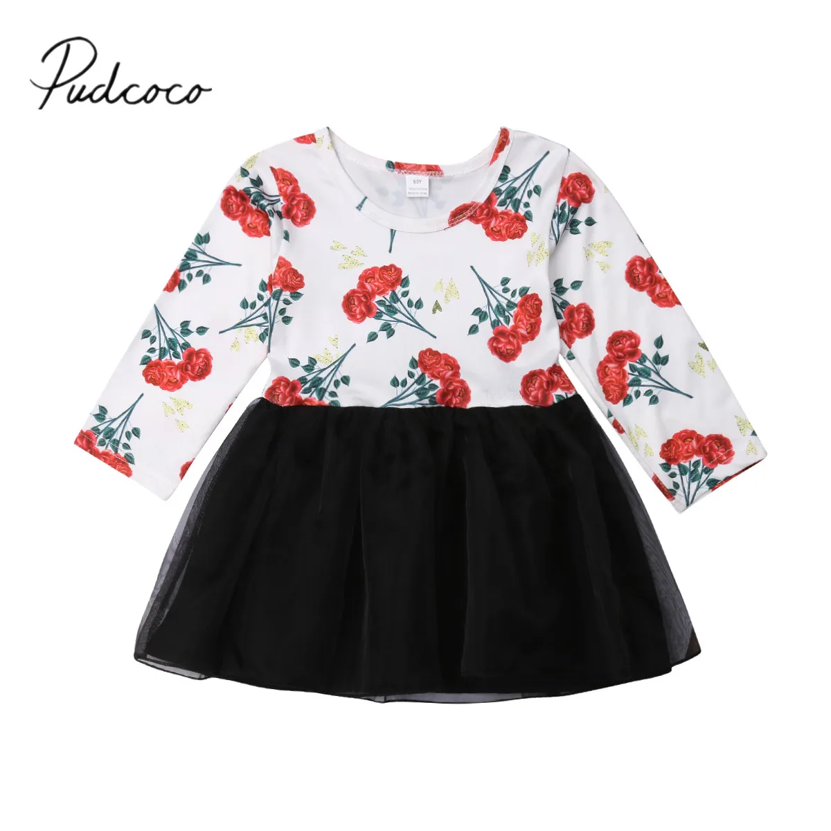 

2019 Brand New 1-5Y Toddler Kids Baby Girls Autumn Dress Lace Floral Print Patchwork Knee-Length Long Sleeve Tutu Chiffon Dress