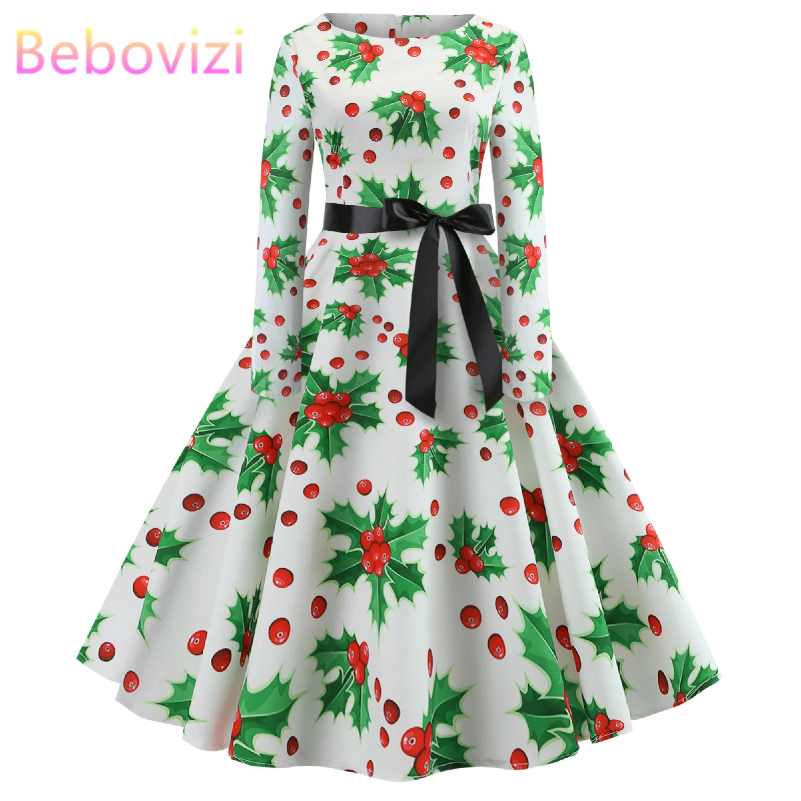 

Xmas Elegant Christmas Bandage Dress Long Sleeve Vintage Party Snowflake Autumn Dresses Vestidos Fall 2018 Womens Clothing White