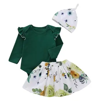 

3pcs Kids Baby Flying Sleeve Rompers Floral Print Skirt Hat Clothes Set