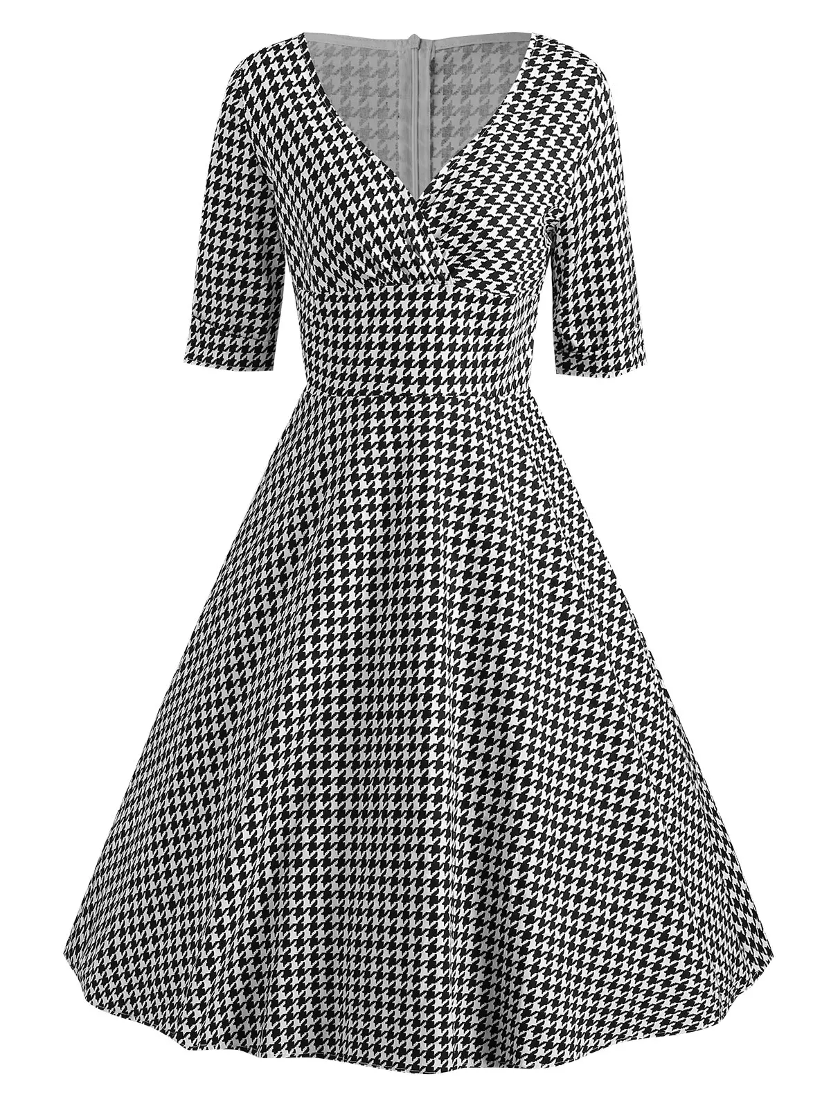 

Joineles Women Plunge Neck Houndstooth Print Retro Vintage Dress 1/2 Sleeve Deep V-Neck Zip A-Line Dresses Casual Summer Dress
