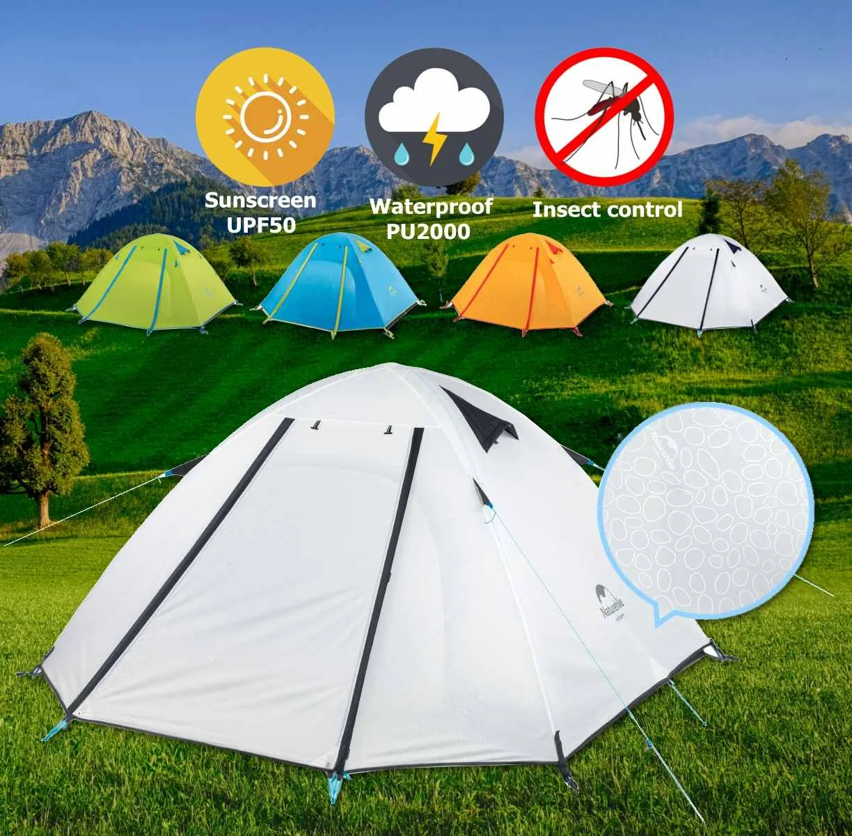 

SGodde 2 Person 210T Polyester Plaid Fabric Double-layer PU2000mm Waterproof Camping Tent UPF50 UV Protection Beach Tent