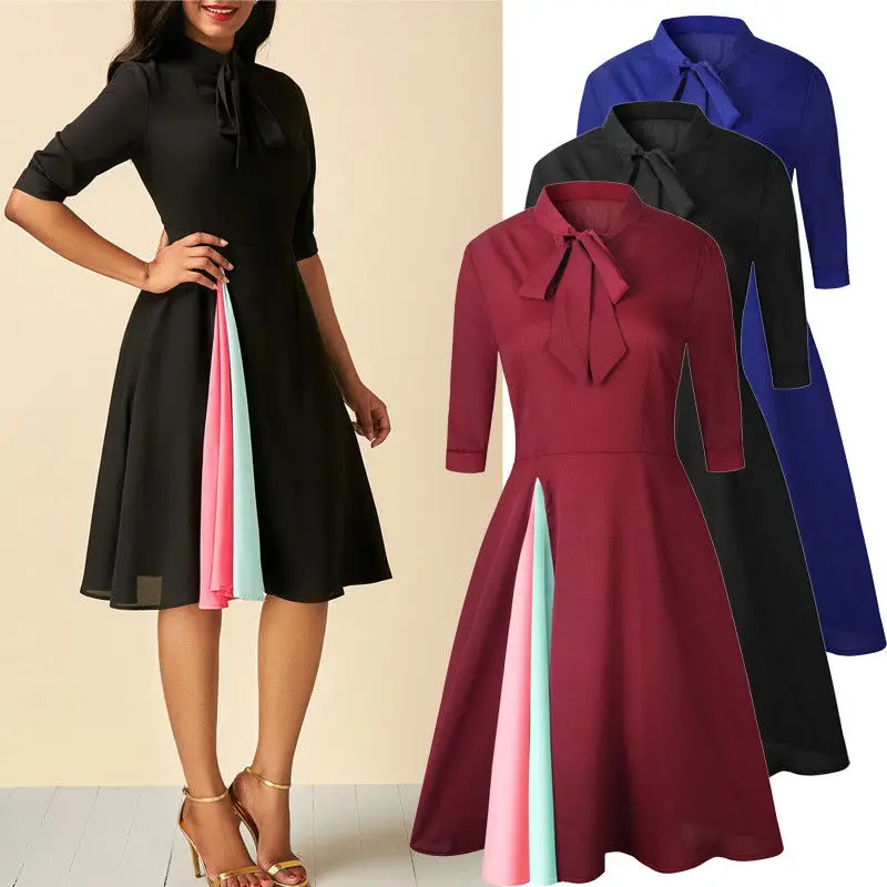 

Fashion Brand Newest Womens Holiday Strappy Bowknot Lace-up Lady Summer Beach Midi Swing SunDress Boho Stand Collar Gown Dresses