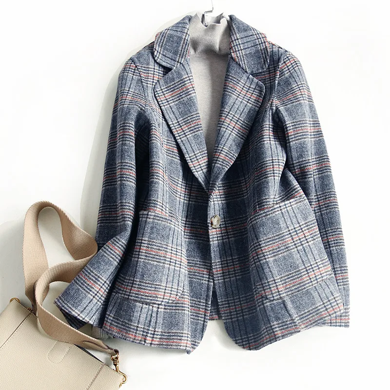 

TiToTaTo Fashion Women Cashmere Coat Lattice Plaid Suit Woman Double-sided Pattern Woolen Loose Leisure Overcoat Japanese style