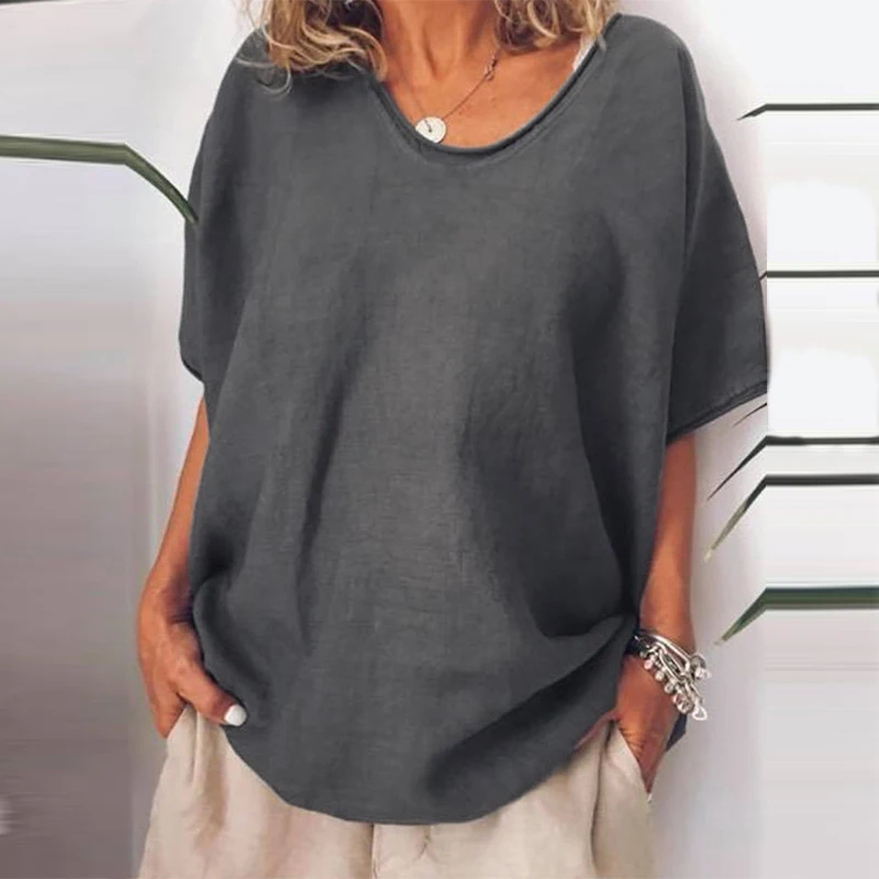 2019 زائد حجم ZANZEA الصيف تونك قمم إمرأة عارضة الصلبة يا الرقبة قصيرة الأكمام القطن الكتان الأساسية المحملة قميص حزب blusas الإناث