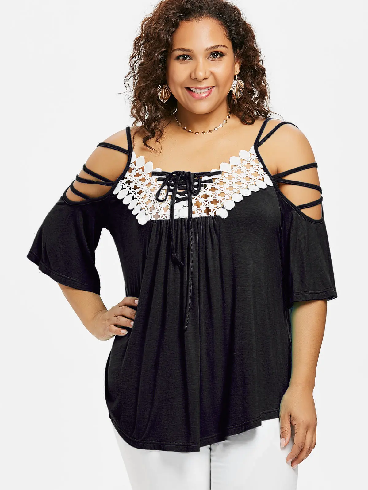 Wipalo Plus Size Cutwork Cold Shoulder Strappy T-Shirt Women Top Summer Casual T Shirt Spaghetti Strap 3/4 Sleeve Ladies Tops | Женская