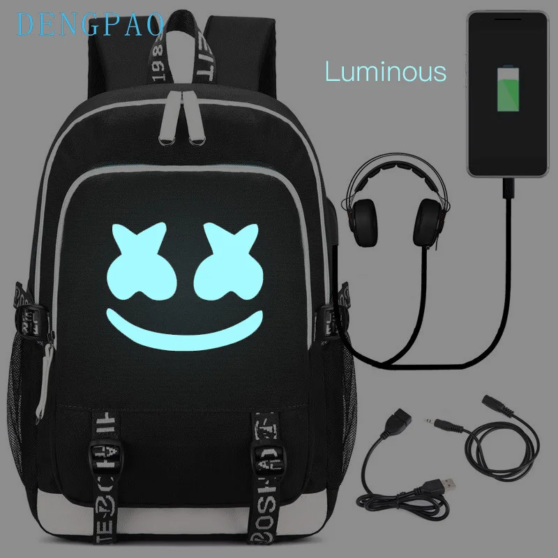 DENGPAO Marshmello Светящиеся USB рюкзаки для ноутбука 2019 американская тайна DJ школьная