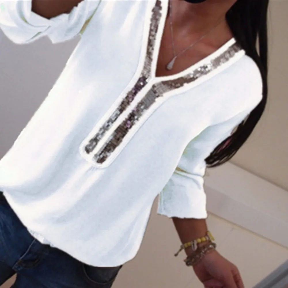 

Women Sexy V-neck Sequins Chiffon Blouse 2019 Spring Summer Solid White Plus Size Woman Tops And Blouses Ladies Shirts 4XL 5XL