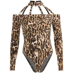 Новый женский леопардовый принт Топы Ползунки с длинным рукавом боди с высоким воротником на комбинезон