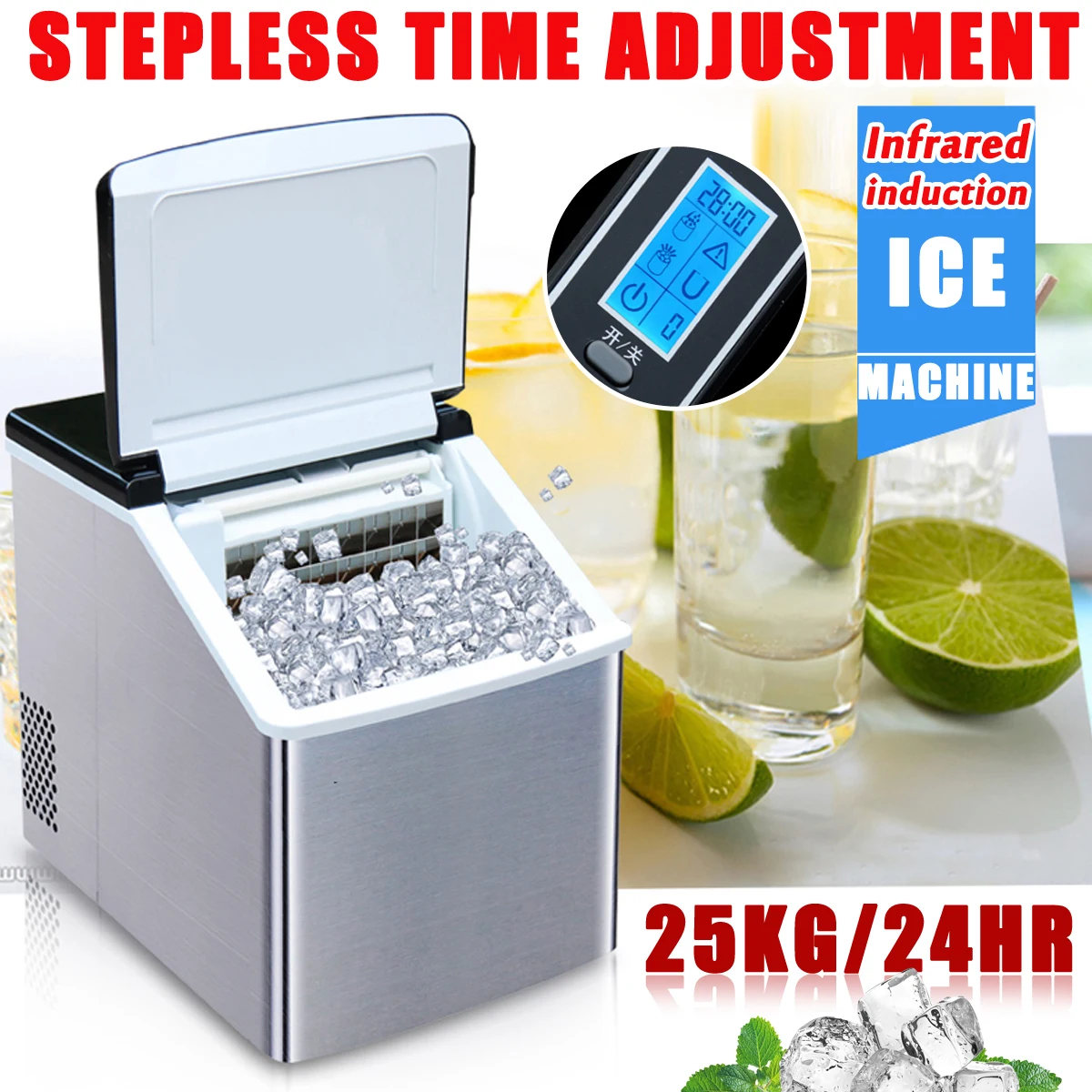 

25KG/24hr Infrared Induction Quick Electric Ice Machine Stepless Time Adjustment Automatic Commercial Household Ice Cube Maker