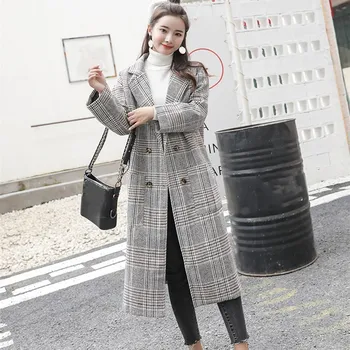 

High Quality Autumn Winter Plaid Blend Trench Women Double Breasted Wool Coat Vintage Turn-Down Collar Long Outerwear