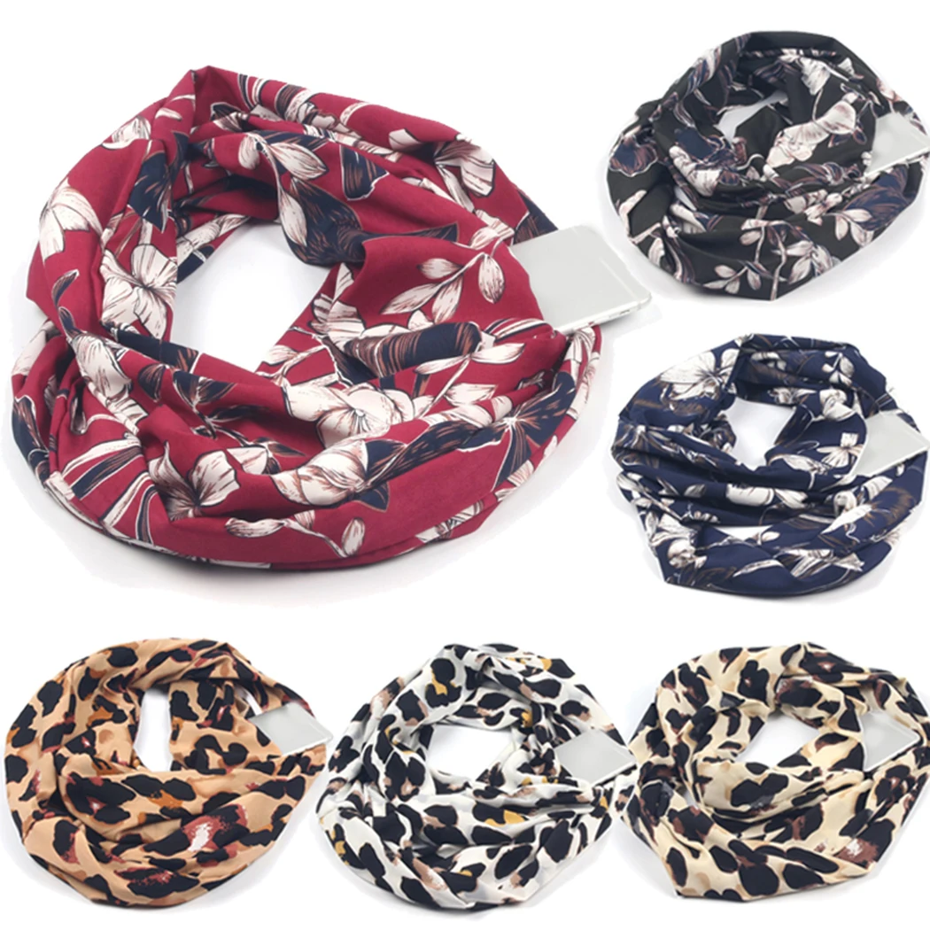 Multi Use Women Convertible Scarf With Pocket Zipper Leopard Print Loop
