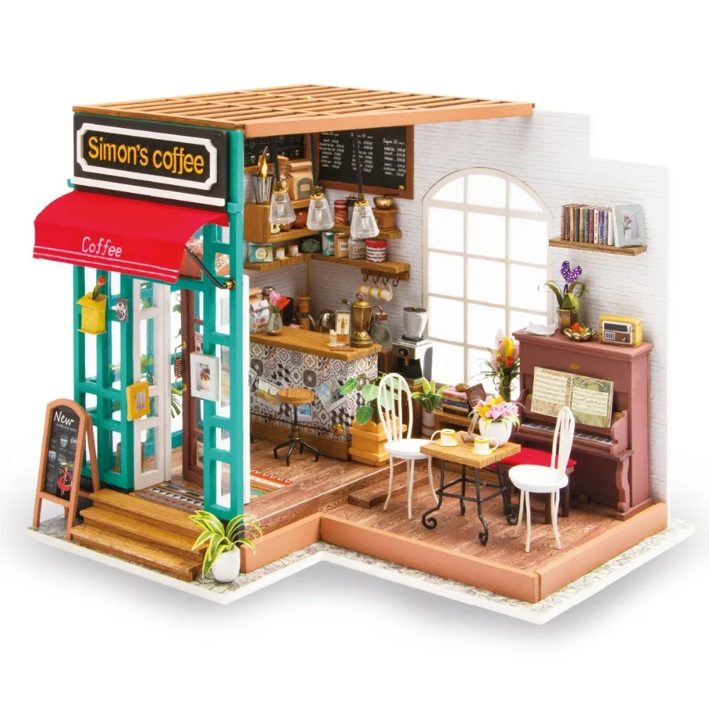 

Robotime DIY Simon's Coffee with Furnitures Children Adult DG109 Miniature Wooden Doll House Model Building Kits Dollhouse Toys