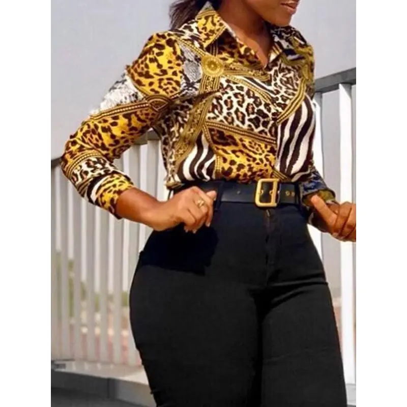  Vintage Summer Yellow Print Leopard Women Blouses Plus Size Office Ladies Sexy Casual Retro Long Sl