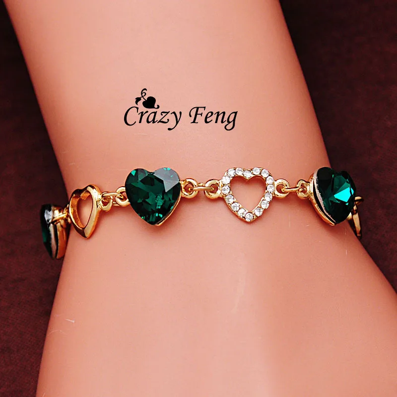 

Free shipping Fashion Charm Bracelet Gold Color Chain Link Crystal Chain Heart Lover Bracelets Bangles For Women Jewelry Gift