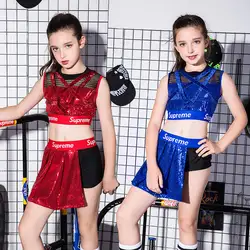 Детские костюмы, новый танцевальный костюм в стиле хип-хоп, джаз, танцевальная одежда для девочек с блестками
