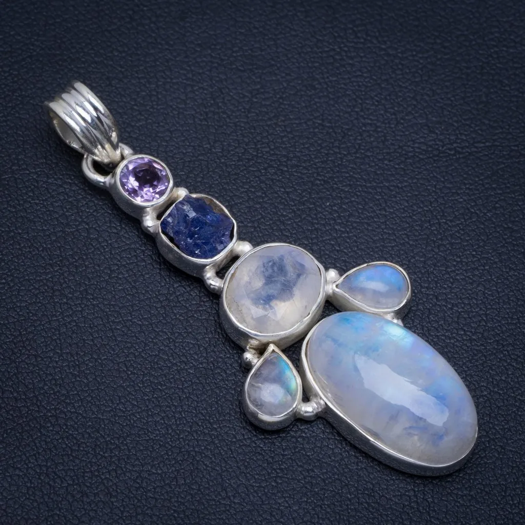

Natural Rainbow Moonstone,Apatite Rough and Amethyst Unique 925 Sterling Silver Pendant 2.25" A4751