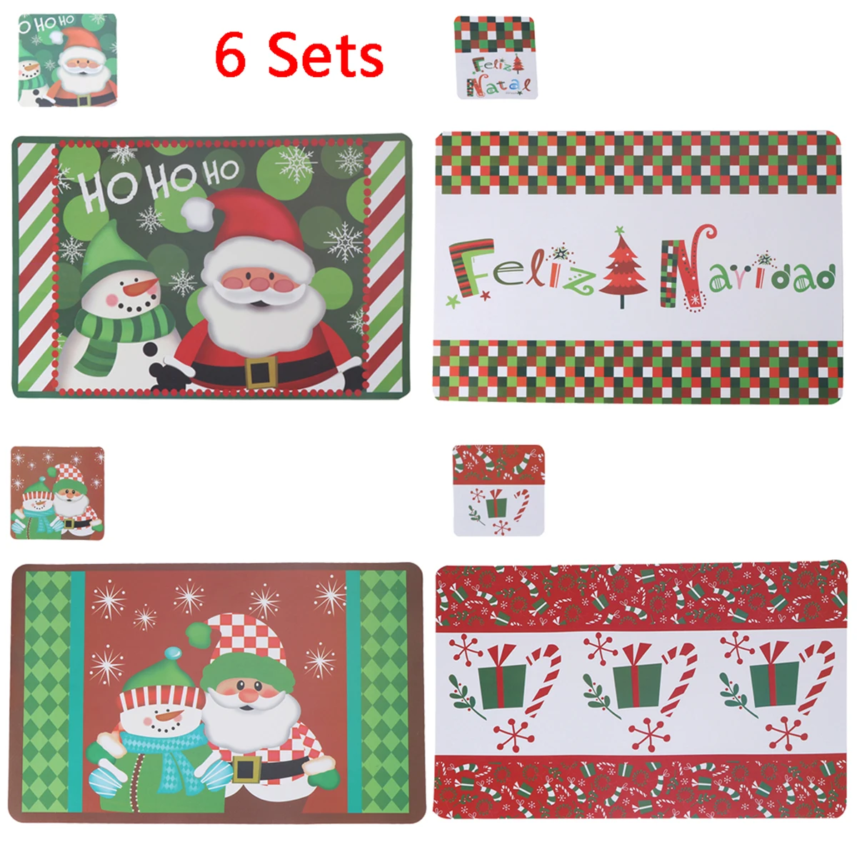 

12pcs Placemats Cup Coasters set Non-slip Nonstick Heat Resistant Christmas Snowman And Santa Claus Pattern Dining Table Mats