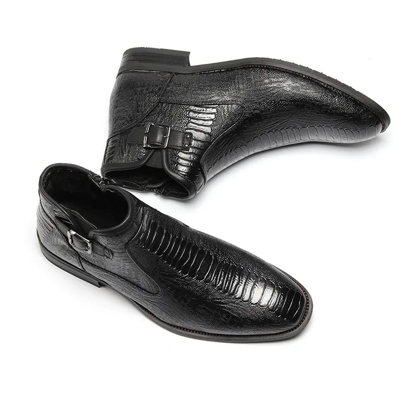 

NIS Embossed Leather Bussiness Boots Men Shoes Autumn Winter Plush Inner Pointed Toe Side Zipper Ankle Boots Big Size 39-46 New