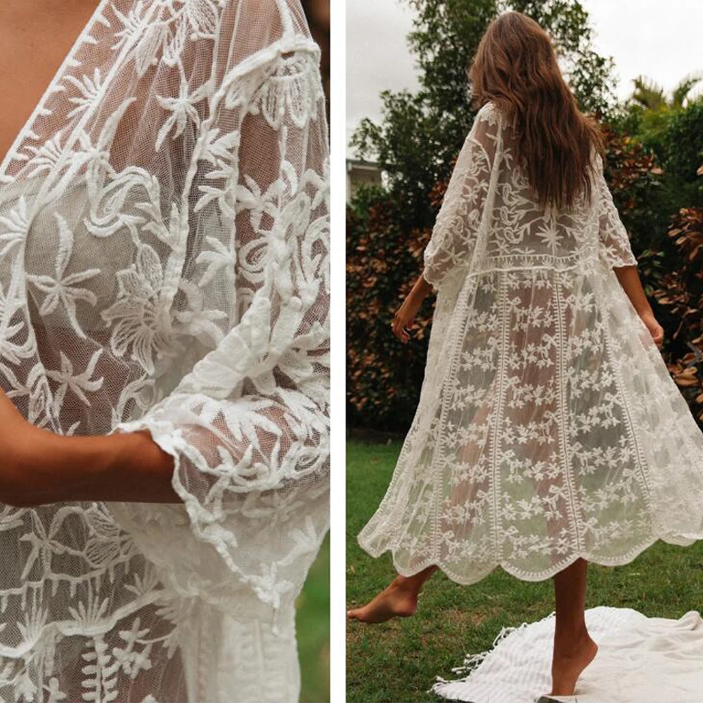 

Women Lace Kimono Beach Dress Long Sleeve Bikini Cover Up Wrap Beachwear Lace Crocket Long Bathing