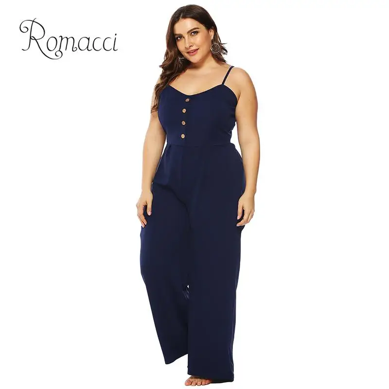

Romacci Sexy Women Slip Jumpsuit Plus Size Bow Cutout Back Spaghetti Strap Wide Leg Pants Slim Solid Playsuit Rompers Dark Blue