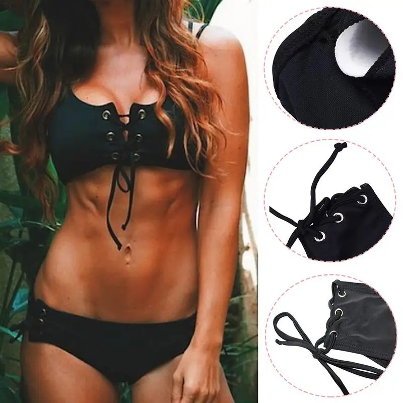 

2018 New Bikini Black Sexy Solid Color Hollow Out High Quality Bikini Set Swimming Suit Biquini