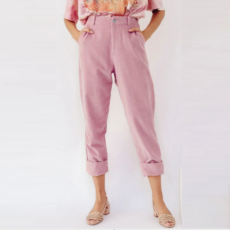 

Women Corduroy Pants Autumn Winter Vintage Style Solid Color Casual Zip Up Waist Pencil Pant Women Corduroy Trousers
