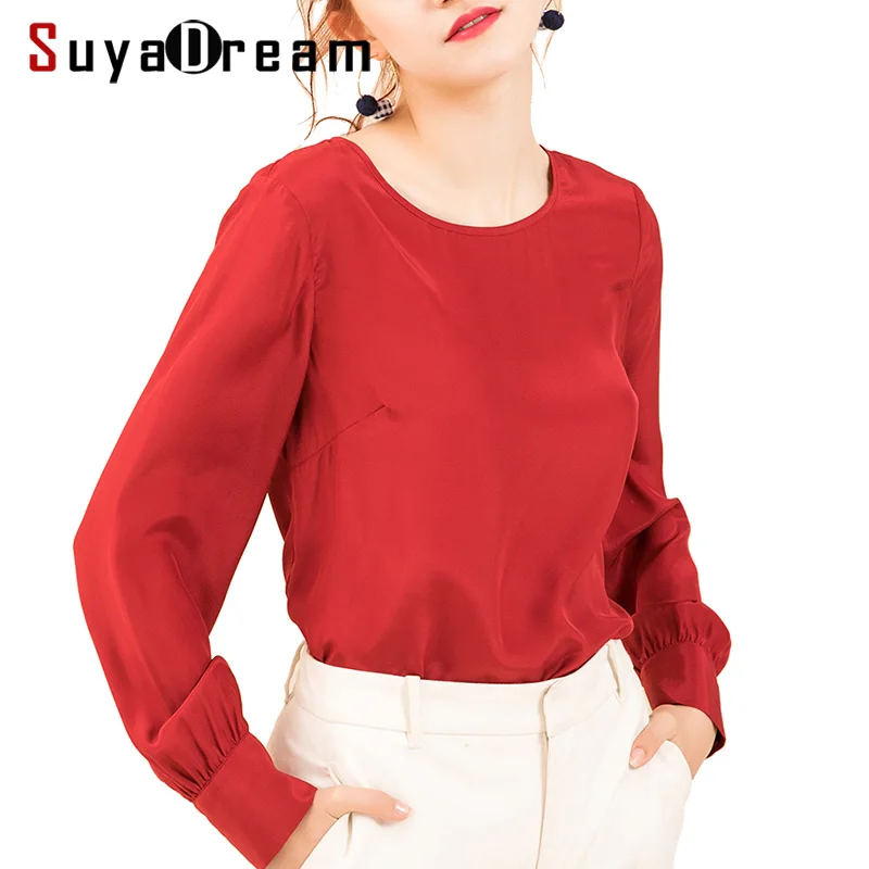 

Women Silk Blouse 16mm 100% REAL SILK CREPE Blouses O neck Long sleeved OFFICE Lady Blouse 2019 Spring New Shirt Wine