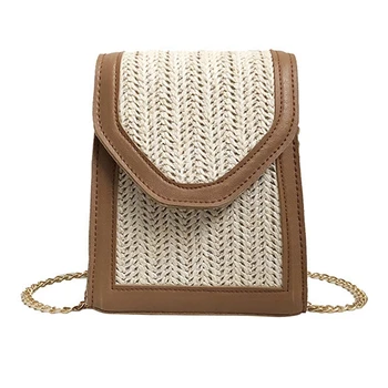 

Women Handwork Grass Weaving Mini Sling Bag Mobile Phone Bag Chain Messenger Bag