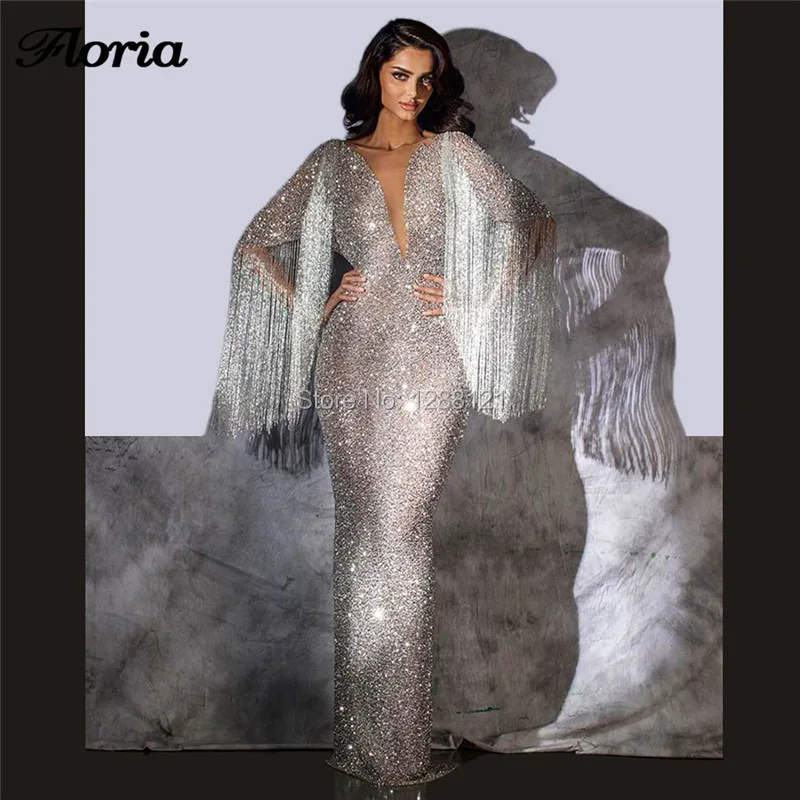 

Sliver Tassel Evening Party Dresses Celebrity Prom Gowns For Weddings Robe de Soiree Arabic Muslim Dubai Prom Dress Abendkleider