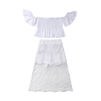 

2PCS Cute Toddler Kids Baby Girls White Lace Floral Tops+Long Skirt Outfits Sets 2019 New Arrival Fashion Children Solid Clothes