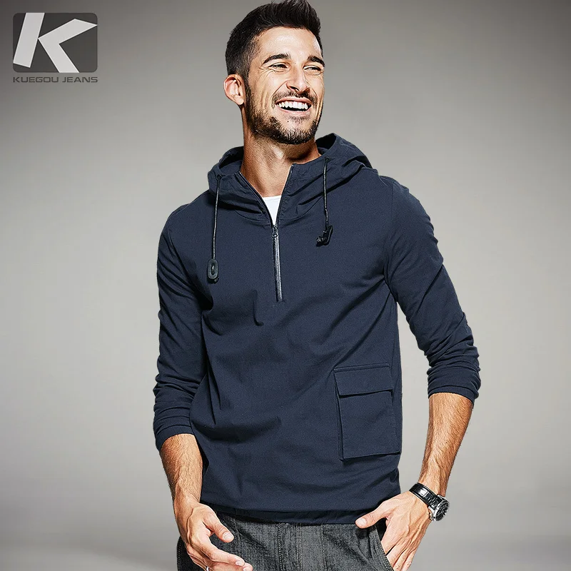 KUEGOU New Autumn Mens Fashion Hoodies Thin Pocket Zipper