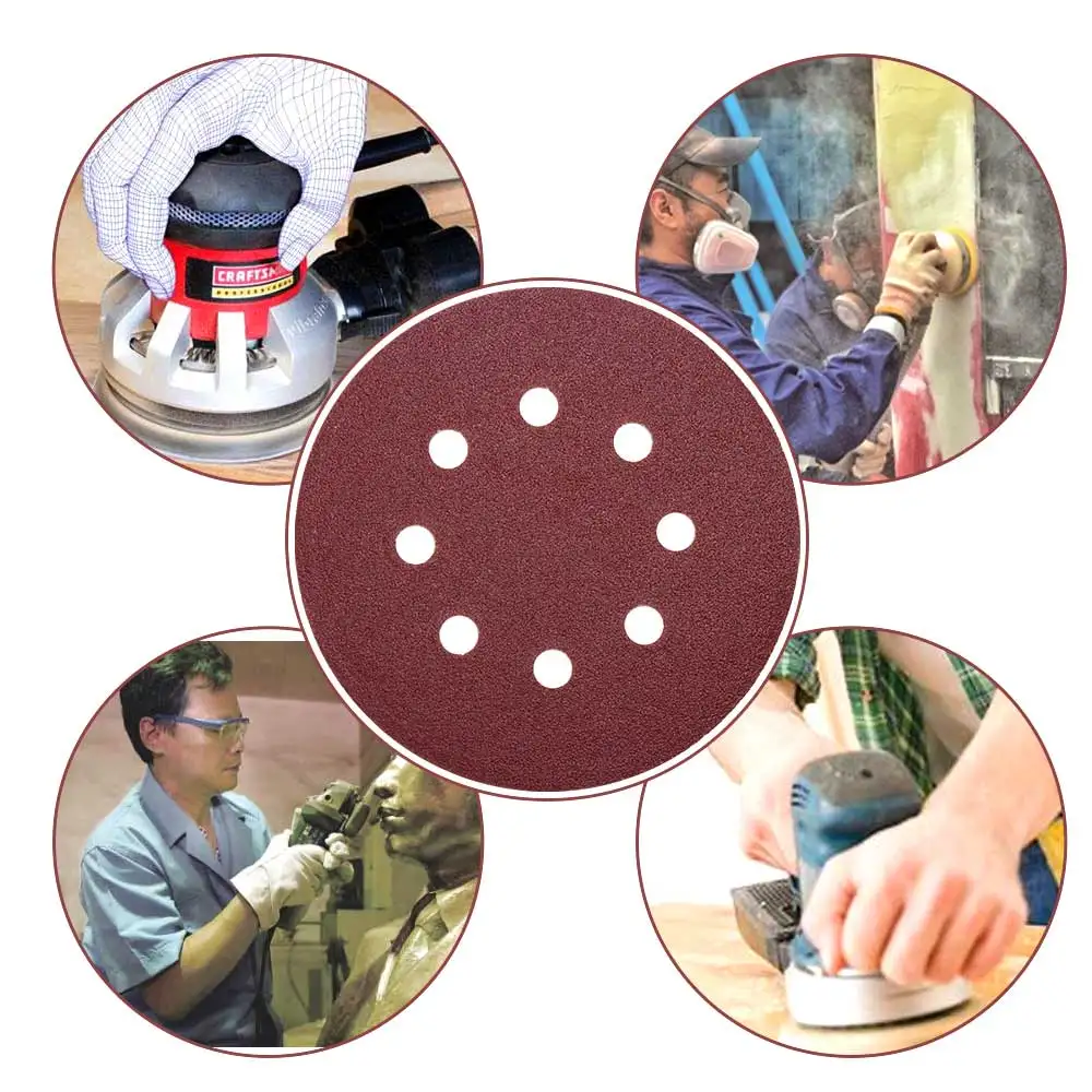 Round Sandpaper Eight Hole Disk Sand Sheets 50Pcs 5 Inch 125Mm ​Grit 40/60/80/120/240 Hook And Loop Sanding Disc Polish