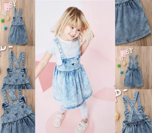 

New Kids Girls Jeans Dress Overall Casual Baby Girl Washed Denim Suspender Dress Blue Cute Rabbit Dress Summer Children Clothes