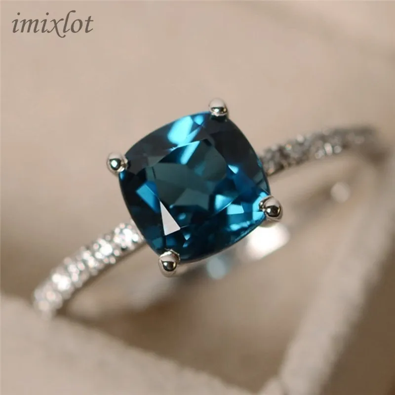 

Ladies Luxury Blue/Green Square Crystal AAA Cubic Zirconia Thin Chic Silver Rings for Women Engagement Stone Ring Jewelry