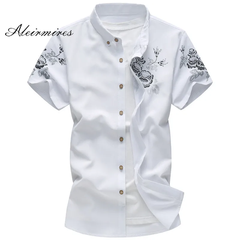 

2019 Large Size 6XL Men's Shirt Summer Short Sleeve Floral Printed Slim Fit Plus Size Fashion Casual Manly Shirts Aleirmires