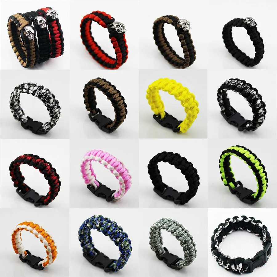 Bangle Bracelet Outdoor Paracord Survival Bangle Bracelets Men Siver Tone Skull Rope Wristband Camping Hiking Emergency Buckle