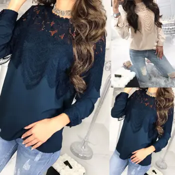 

Newly Women Clothing Long Sleeve Loose Blouse Hollow Out Floral Patchwork Casual Shirts Applique Lace Tops Ladies Shirt