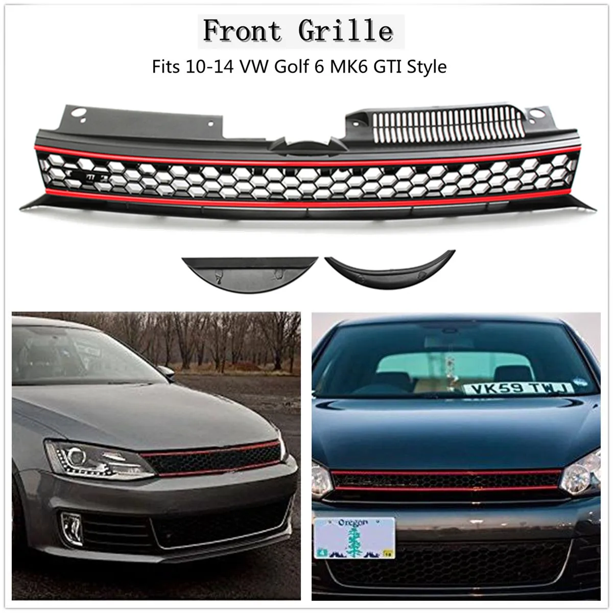 

Car ABS Front High Bar Black Red Trim Mesh Grille For VW Golf 6 MK6 2010-2014