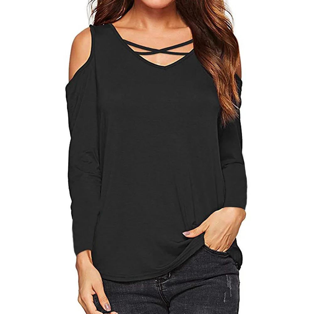 المرأة الصيف تي شيرت 2019 أزياء تي شيرت غير رسمي مثير قبالة الكتف قمم طويلة الأكمام الصلبة الخامس الرقبة سيدة فضفاض قمم تيز